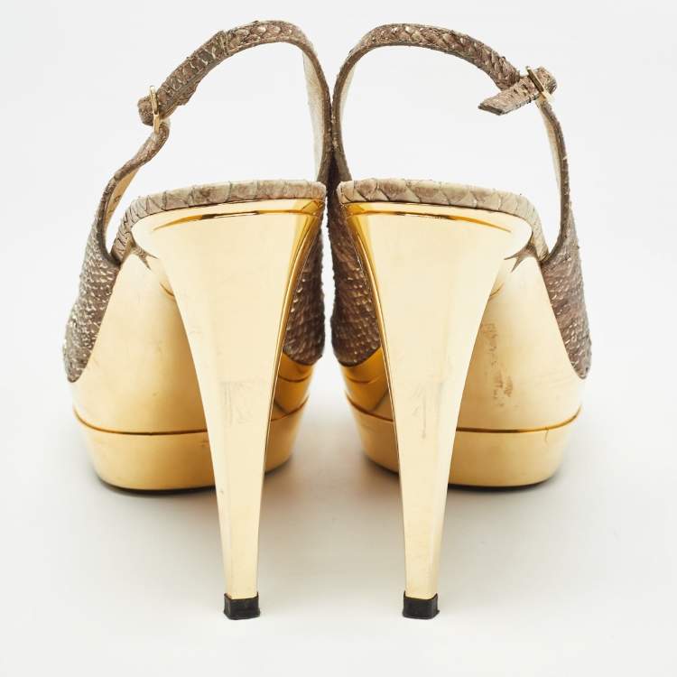 Pre Owned Stuart Weitzman Beige Python Embossed Leather  Slingback Pumps Size 38.5  