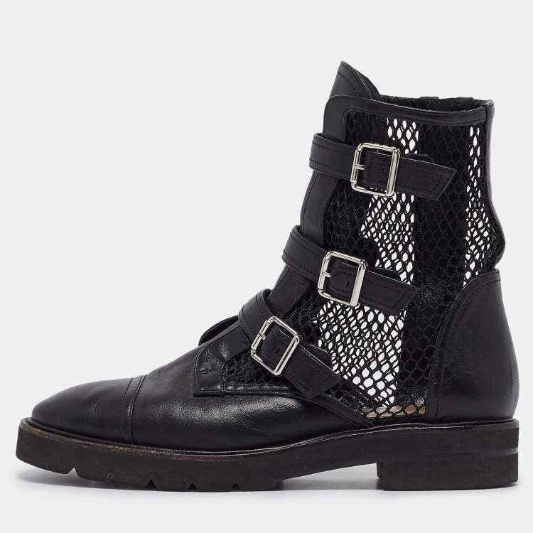 Pre Owned Stuart Weitzman Black Leather and Mesh Buckle Boots Size 42
