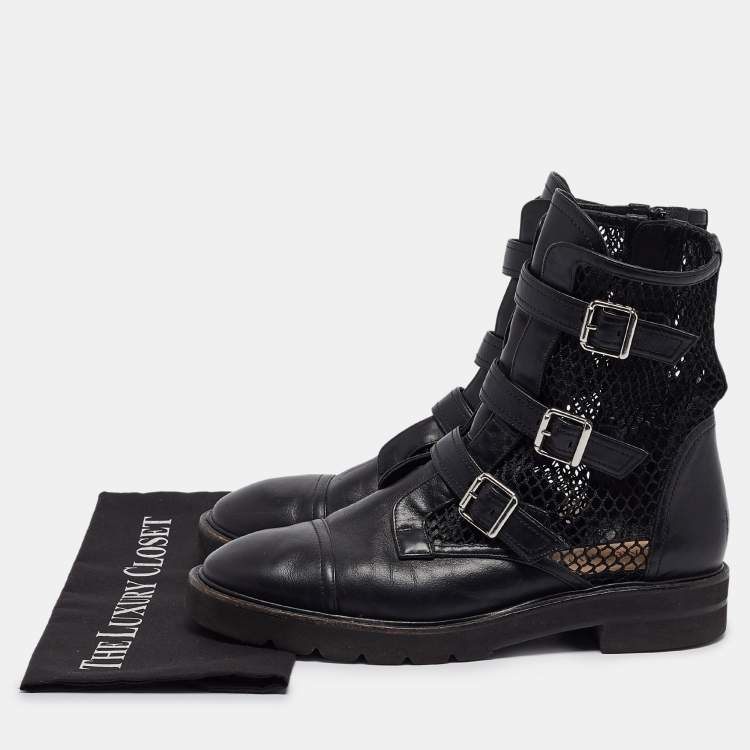 Pre Owned Stuart Weitzman Black Leather and Mesh Buckle Boots Size 42