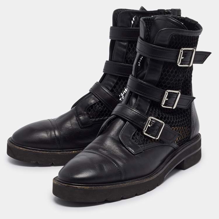 Pre Owned Stuart Weitzman Black Leather and Mesh Buckle Boots Size 42