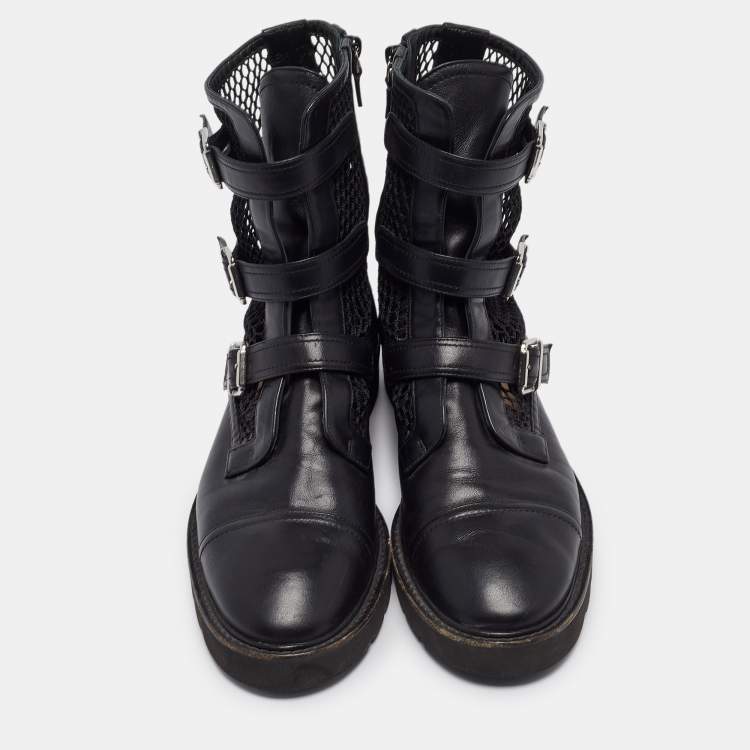 Pre Owned Stuart Weitzman Black Leather and Mesh Buckle Boots Size 42