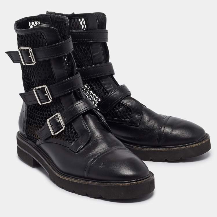 Pre Owned Stuart Weitzman Black Leather and Mesh Buckle Boots Size 42