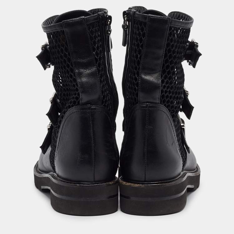 Pre Owned Stuart Weitzman Black Leather and Mesh Buckle Boots Size 42