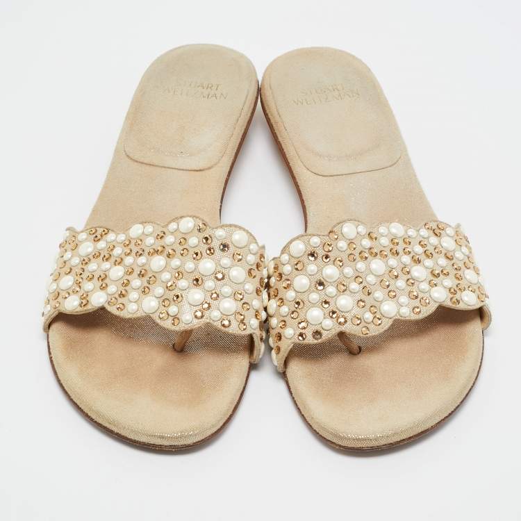 Pre Owned Stuart Weitzman Beige Textured Suede Studded Thong Slides Size 41