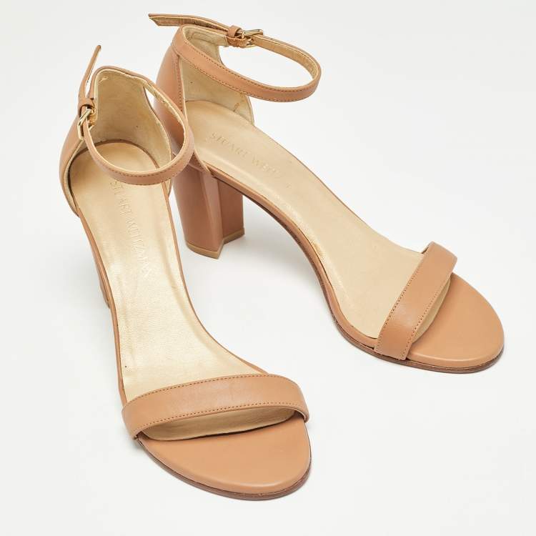 Pre Owned Stuart Weitzman Brown Brown Leather Bambina Block Heel Ankle Strap Sandals Size 41