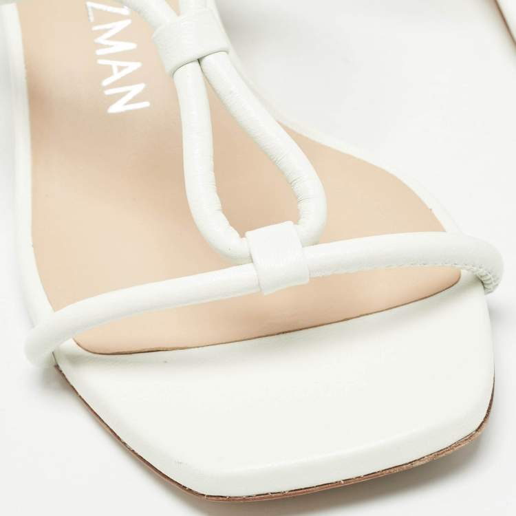 Pre Owned Stuart Weitzman White Leather T Strap Sandals Size 37.5