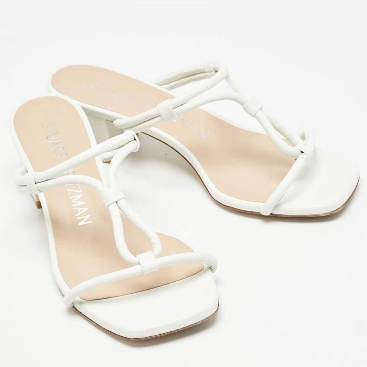 Pre Owned Stuart Weitzman White Leather T Strap Sandals Size 37.5