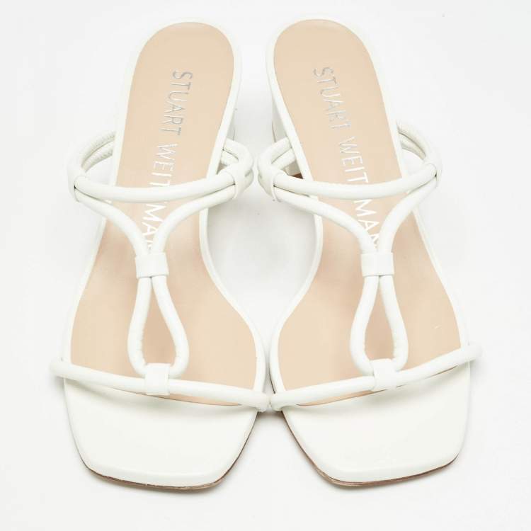 Pre Owned Stuart Weitzman White Leather T Strap Sandals Size 37.5