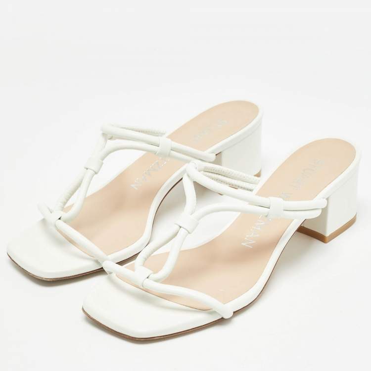 Pre Owned Stuart Weitzman White Leather T Strap Sandals Size 37.5