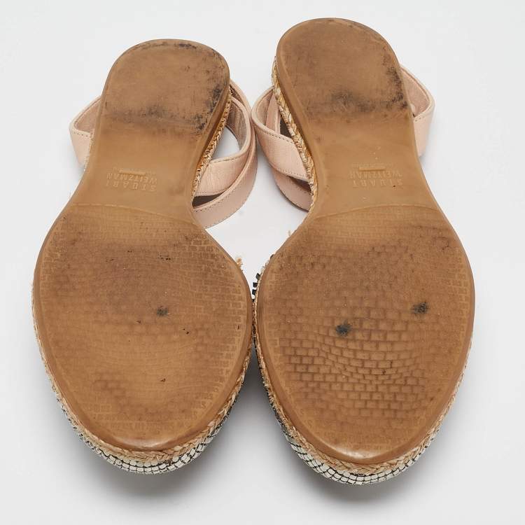 Pre Owned Stuart Weitzman Silver/Beige Metal and Leather Colorblock Espadrilles Size 38