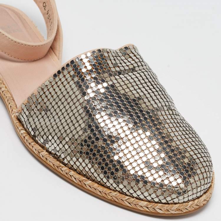 Pre Owned Stuart Weitzman Silver/Beige Metal and Leather Colorblock Espadrilles Size 38