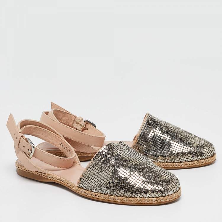Pre Owned Stuart Weitzman Silver/Beige Metal and Leather Colorblock Espadrilles Size 38