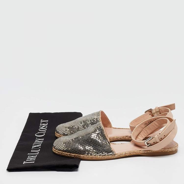 Pre Owned Stuart Weitzman Silver/Beige Metal and Leather Colorblock Espadrilles Size 38