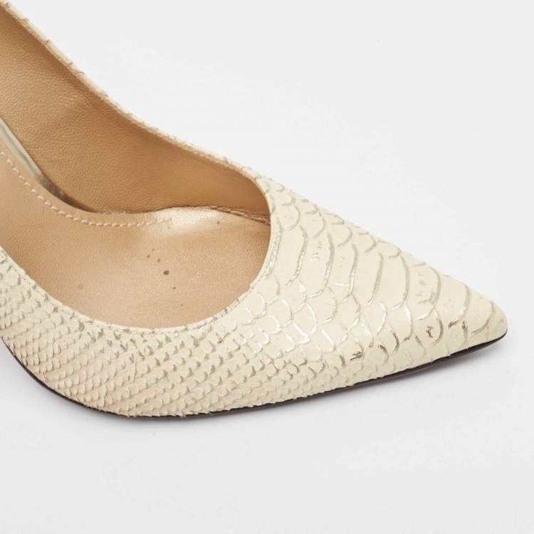 Pre Owned Stuart Weitzman Cream Embossed Python Pointed Toe Pumps Size 39