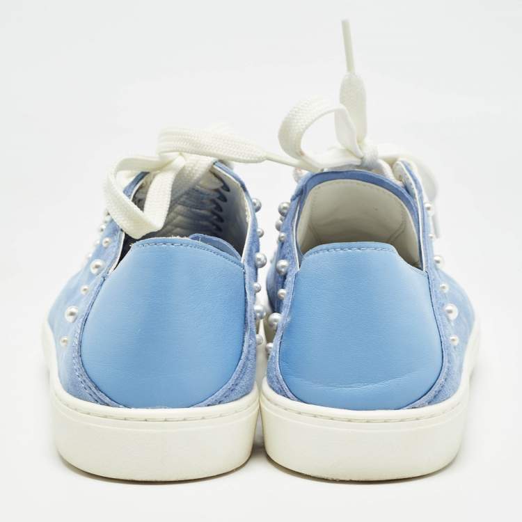 مملوكة مسبقًا Stuart Weitzman Blue Suede Pear Embellished Lace Up Sneakers Size 39.5