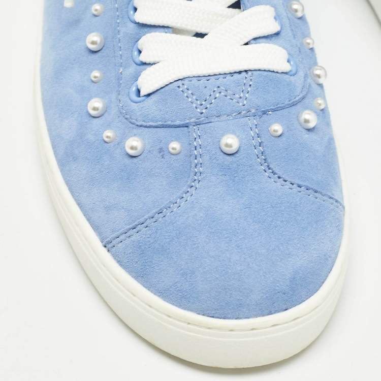 مملوكة مسبقًا Stuart Weitzman Blue Suede Pear Embellished Lace Up Sneakers Size 39.5