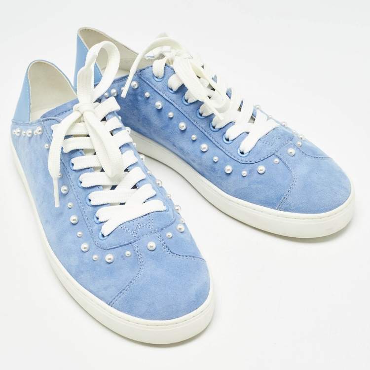 مملوكة مسبقًا Stuart Weitzman Blue Suede Pear Embellished Lace Up Sneakers Size 39.5