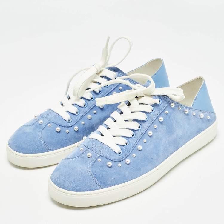 مملوكة مسبقًا Stuart Weitzman Blue Suede Pear Embellished Lace Up Sneakers Size 39.5