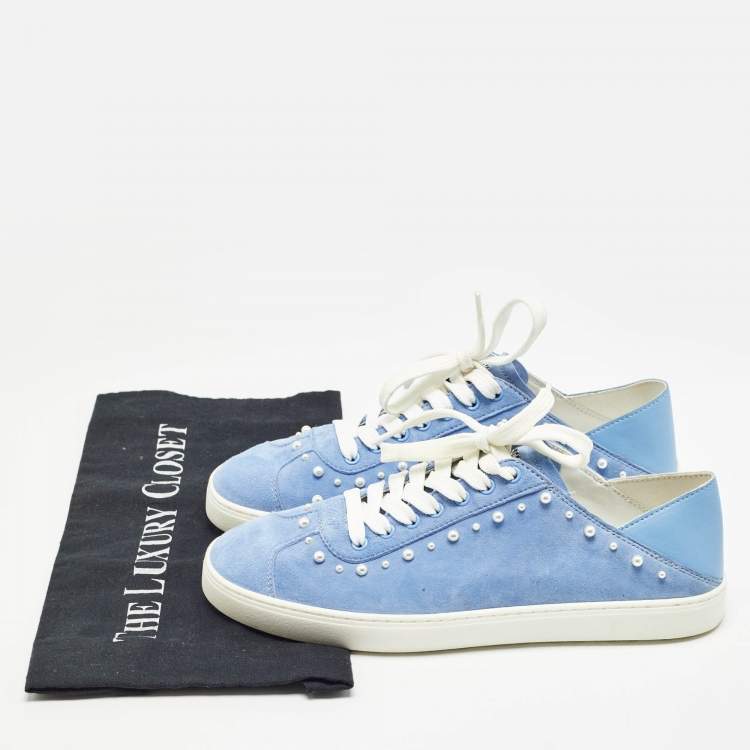 مملوكة مسبقًا Stuart Weitzman Blue Suede Pear Embellished Lace Up Sneakers Size 39.5