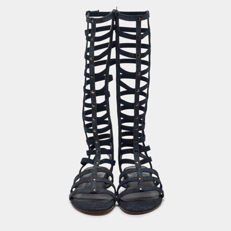 Pre Owned Stuart Weitzman Blue Denim Gladiator Flat Sandals Size 36