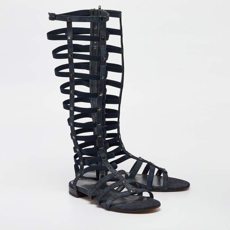 Pre Owned Stuart Weitzman Blue Denim Gladiator Flat Sandals Size 36