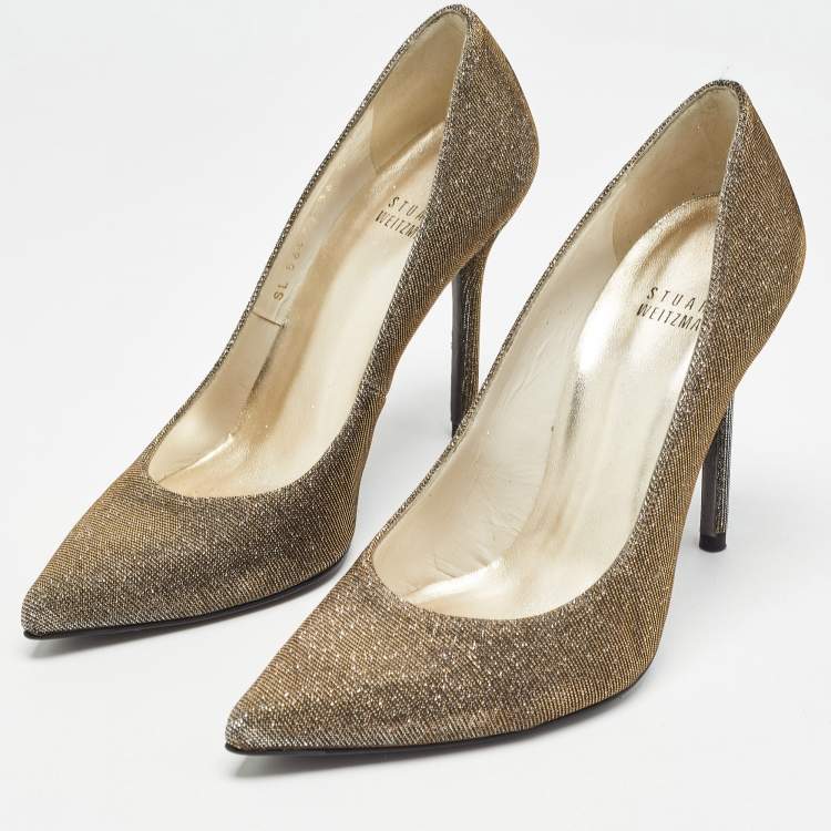 Pre Owned Stuart Weitzman Metallic Lurex Fabric Pointed Toe Pumps Size 36.5