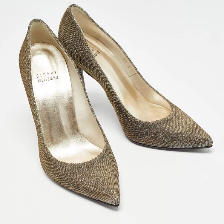 Pre Owned Stuart Weitzman Metallic Lurex Fabric Pointed Toe Pumps Size 36.5