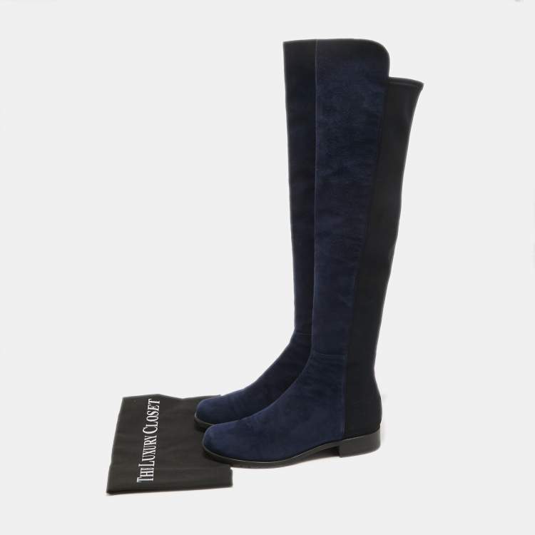 Pre Owned Stuart Weitzman Navy Blue Suede Knee Length Boots Size 38