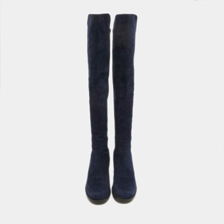 Pre Owned Stuart Weitzman Navy Blue Suede Knee Length Boots Size 38