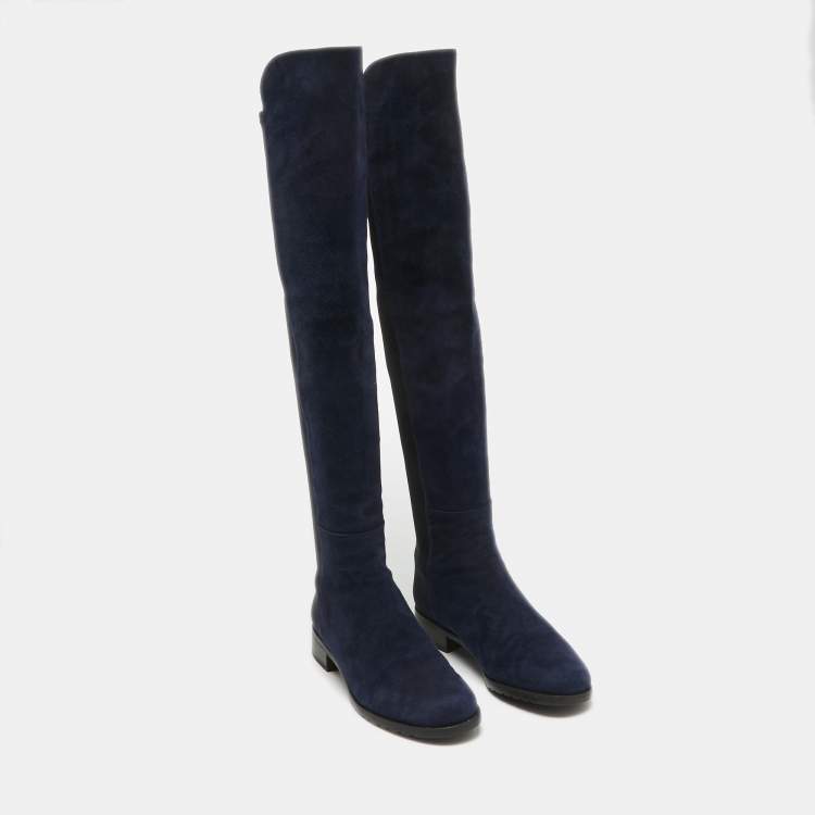 Pre Owned Stuart Weitzman Navy Blue Suede Knee Length Boots Size 38