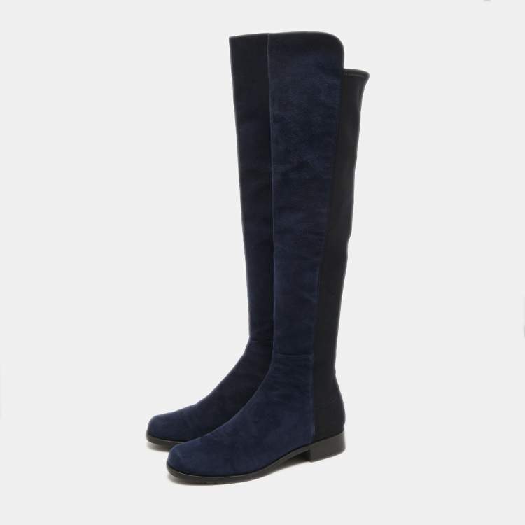 Pre Owned Stuart Weitzman Navy Blue Suede Knee Length Boots Size 38