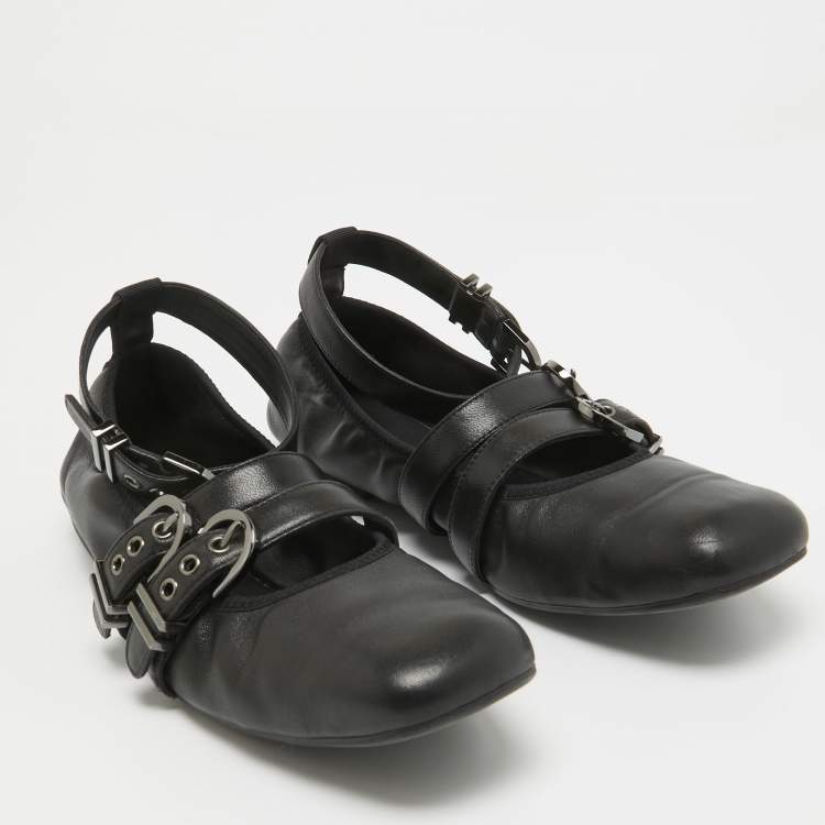 Pre Owned Stuart Weitzman Black Leather Bolshoi Buckle Detail Ballet Flats Size 40
