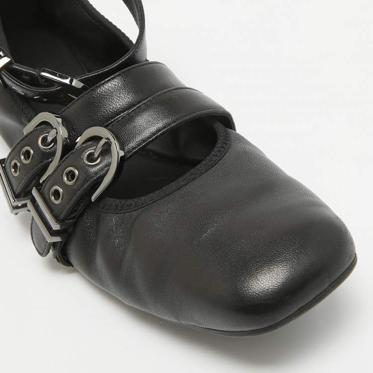 Pre Owned Stuart Weitzman Black Leather Bolshoi Buckle Detail Ballet Flats Size 40