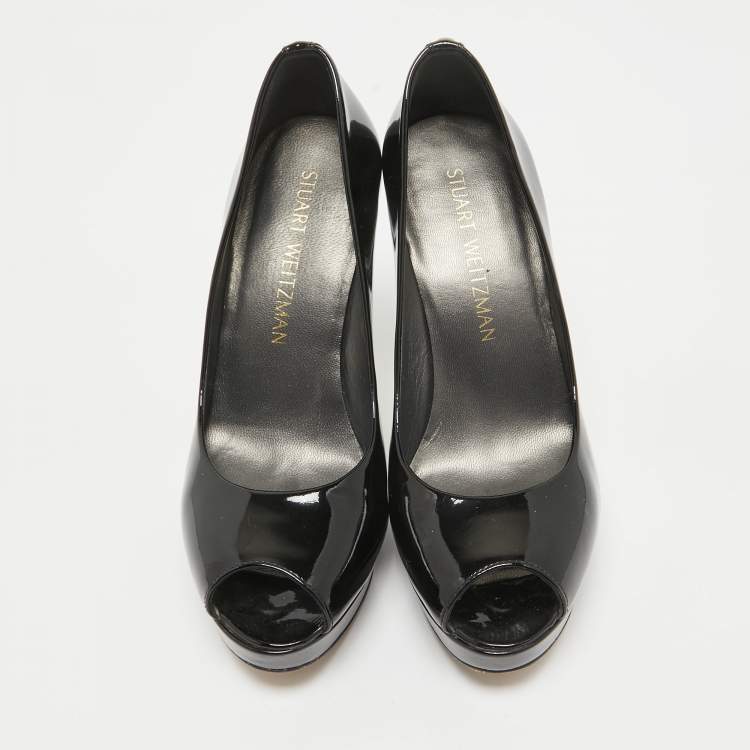 Pre Owned Stuart Weitzman Black Patent Leather Peep Toe Pumps Size 36