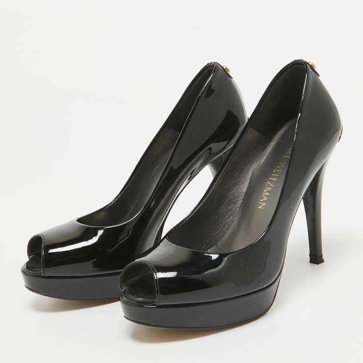 Pre Owned Stuart Weitzman Black Patent Leather Peep Toe Pumps Size 36