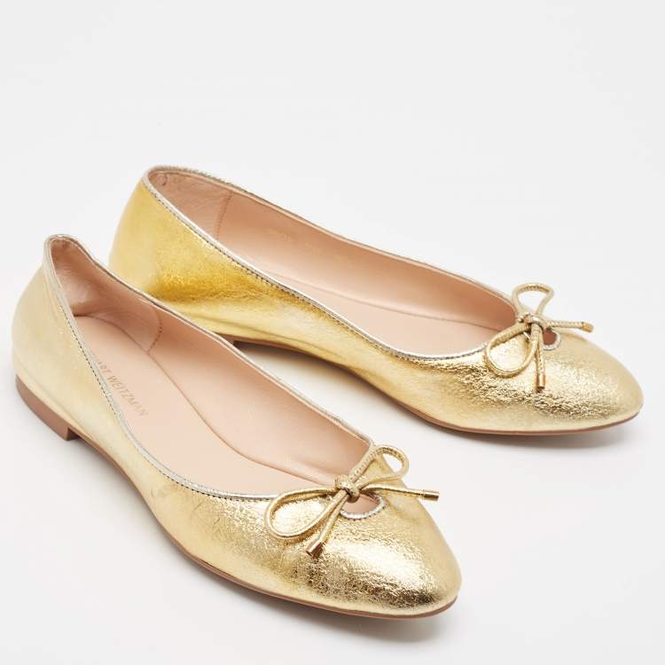Pre Owned Stuart Weitzman Gold Leather Gabby Ballet Flats Size 36.5