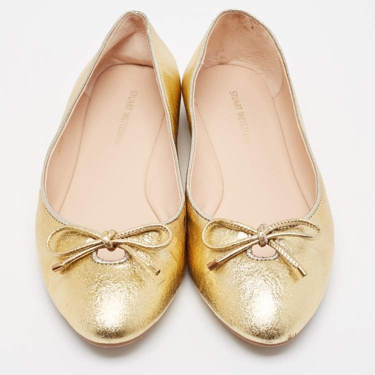 Pre Owned Stuart Weitzman Gold Leather Gabby Ballet Flats Size 36.5
