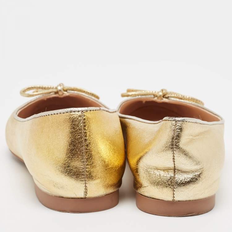 Pre Owned Stuart Weitzman Gold Leather Gabby Ballet Flats Size 36.5