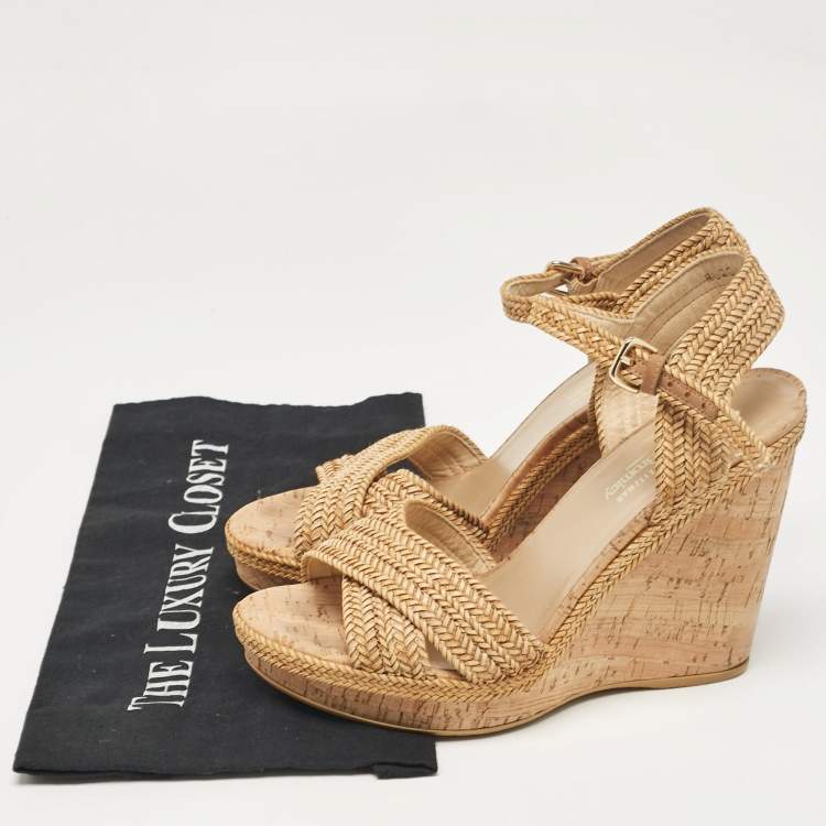 Pre Owned Stuart Weitzman Beige Raffia Cork Wedge Sandals Size 39.5