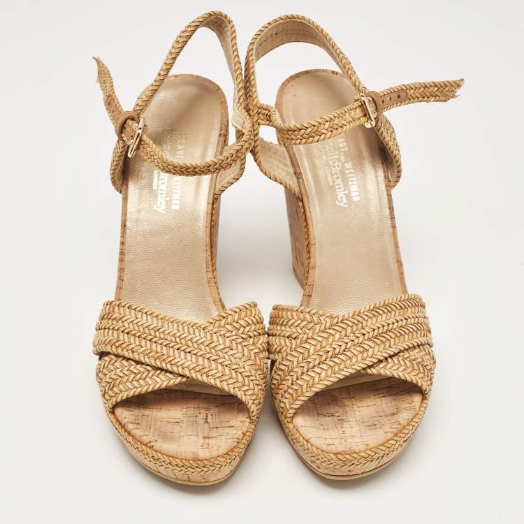 Pre Owned Stuart Weitzman Beige Raffia Cork Wedge Sandals Size 39.5