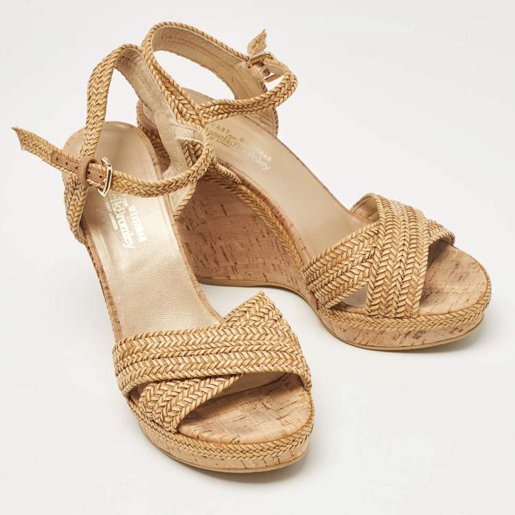 Pre Owned Stuart Weitzman Beige Raffia Cork Wedge Sandals Size 39.5