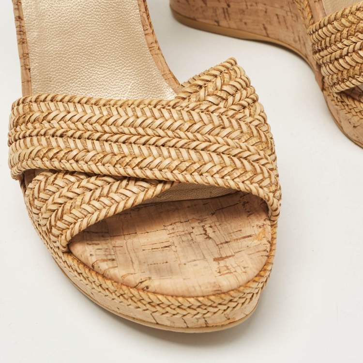 Pre Owned Stuart Weitzman Beige Raffia Cork Wedge Sandals Size 39.5