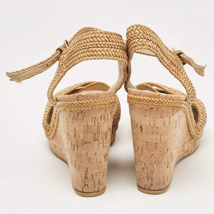 Pre Owned Stuart Weitzman Beige Raffia Cork Wedge Sandals Size 39.5