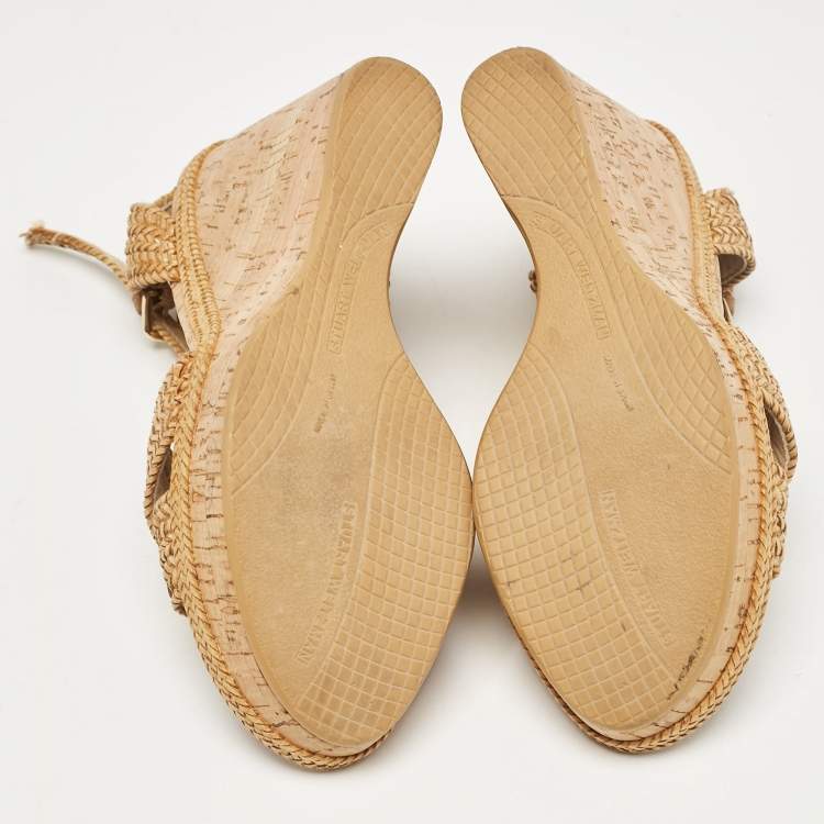 Pre Owned Stuart Weitzman Beige Raffia Cork Wedge Sandals Size 39.5