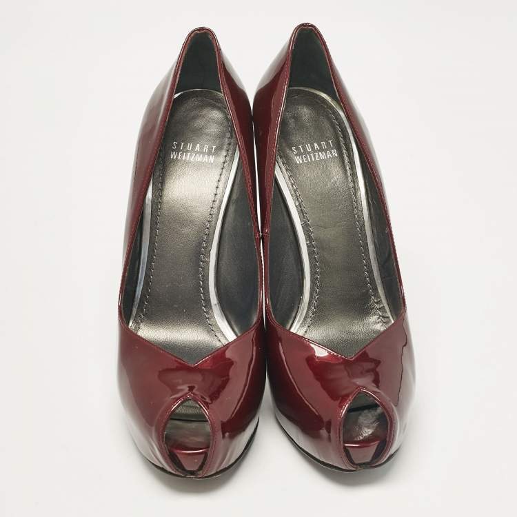 Pre Owned Stuart Weitzman Burgundy Patent Leather Peep Toe Pumps Size 39.5
