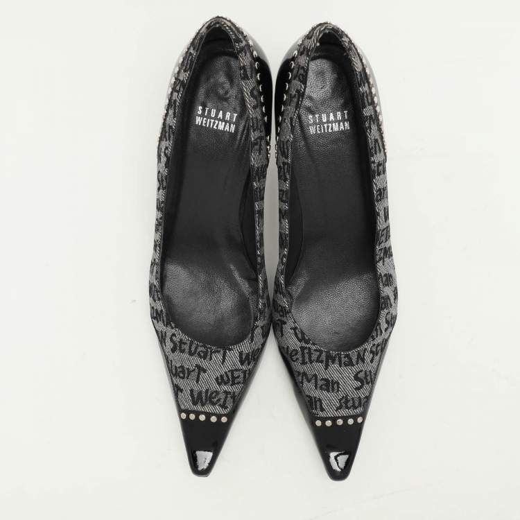 Pre Owned Stuart Weitzman Black/Grey Signature Canvas and Patent Leather Embellished Pumps Size 39.5