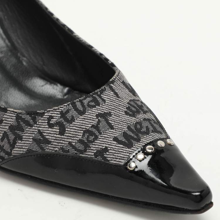 Pre Owned Stuart Weitzman Black/Grey Signature Canvas and Patent Leather Embellished Pumps Size 39.5
