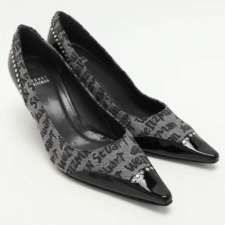 Pre Owned Stuart Weitzman Black/Grey Signature Canvas and Patent Leather Embellished Pumps Size 39.5