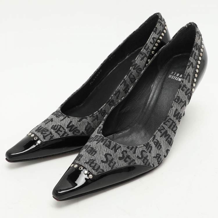 Pre Owned Stuart Weitzman Black/Grey Signature Canvas and Patent Leather Embellished Pumps Size 39.5