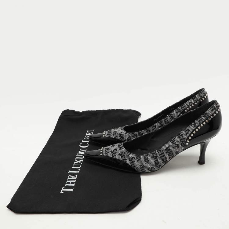 Pre Owned Stuart Weitzman Black/Grey Signature Canvas and Patent Leather Embellished Pumps Size 39.5